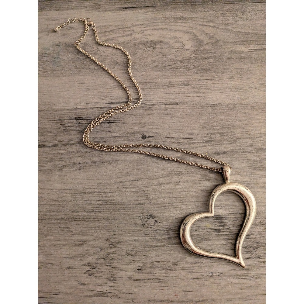 Silver Tone Large Open Heart Pendant Necklace Adjustable Cable Chain Statement